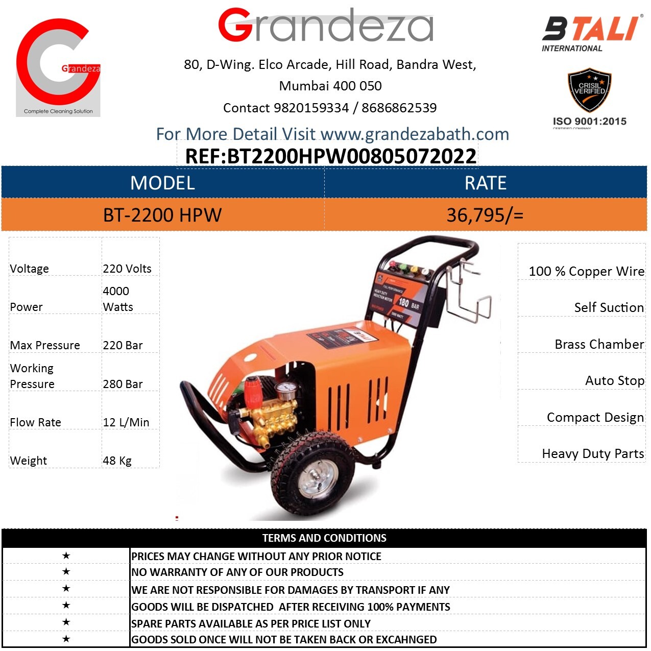 Btali Bt-2200 Hpw High Pressure Washer