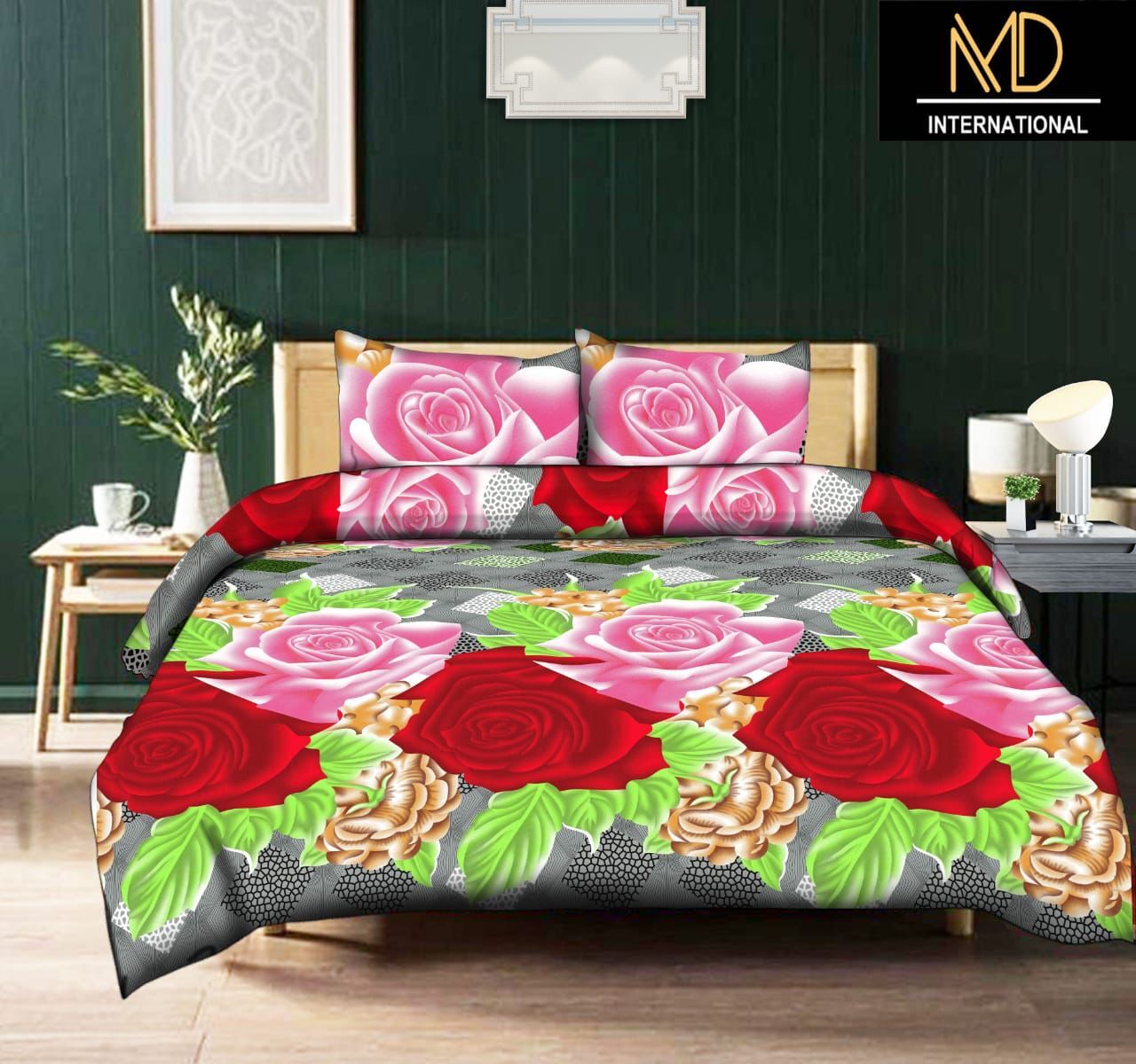 Three D Print 3 Pc Sets - Microfiber Polyester Bed Cover 90x108 Cm , Multicolor Printed Design With Two Soft Pillows For Home And Hotel Use