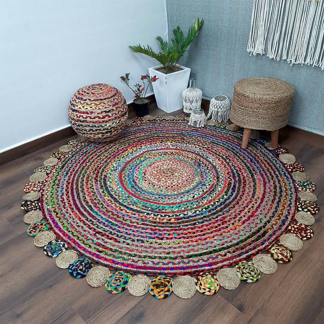 Multicolor Chindi And Natural Jute Rug Design: Modern