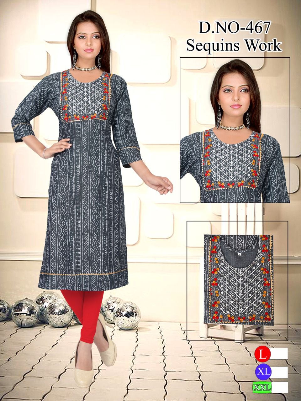 Embroidery Work Kurtis - Cotton Fabric, Size L/xl, Two-tone Color Design | Breathable, Long Sleeve, Customizable Logo, Formal Style