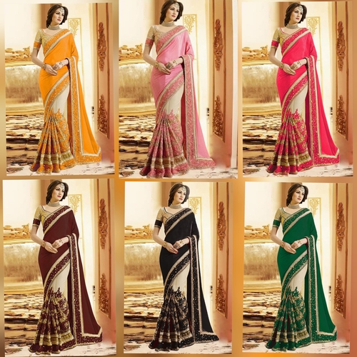 नेट साड़ी के साथ सभी एक्सक्लूसिव डिज़ाइनर एम्ब्रॉडरी वाली महिलाओं की विचित्र