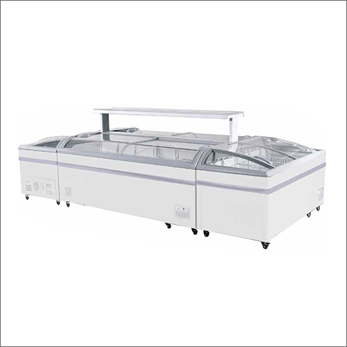 बाएं से दाएं स्लाइडिंग ग्लास टॉप के साथ सफ़ेद-ग्रे कॉम्बिनेबल आइलैंड फ़्रीज़र