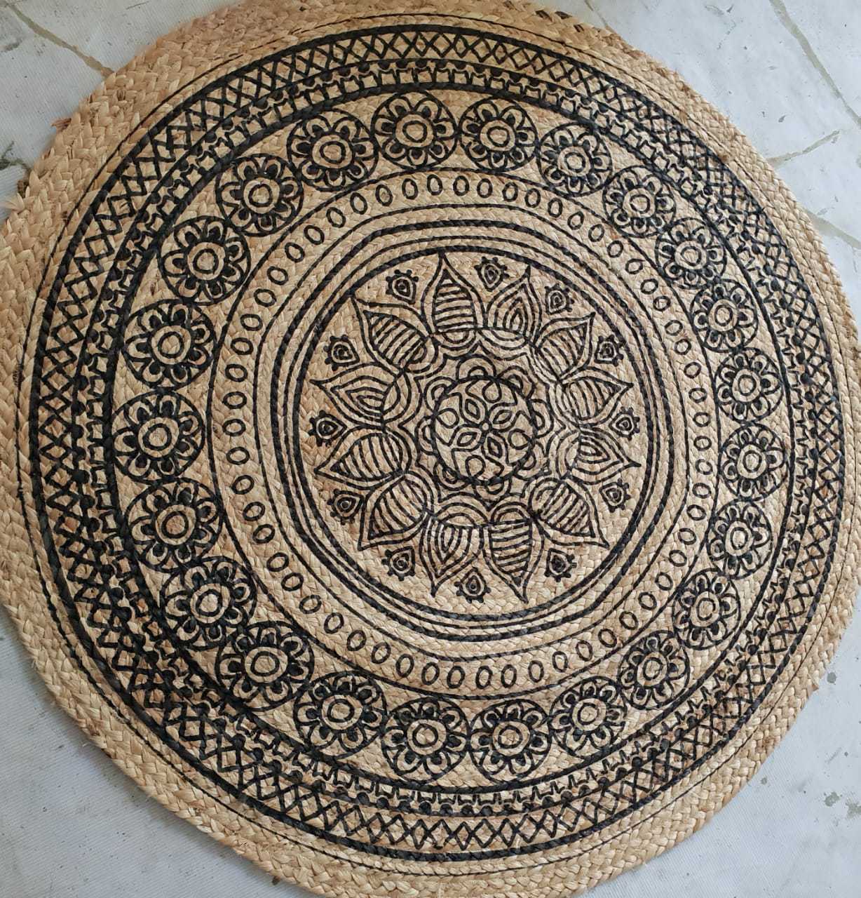 Designer Braided Jute Rugs - 100% Jute, Handmade, Floral Printed, Beige & Blue | Hand Washable, Eco-friendly, Versatile For Indoor And Outdoor Use