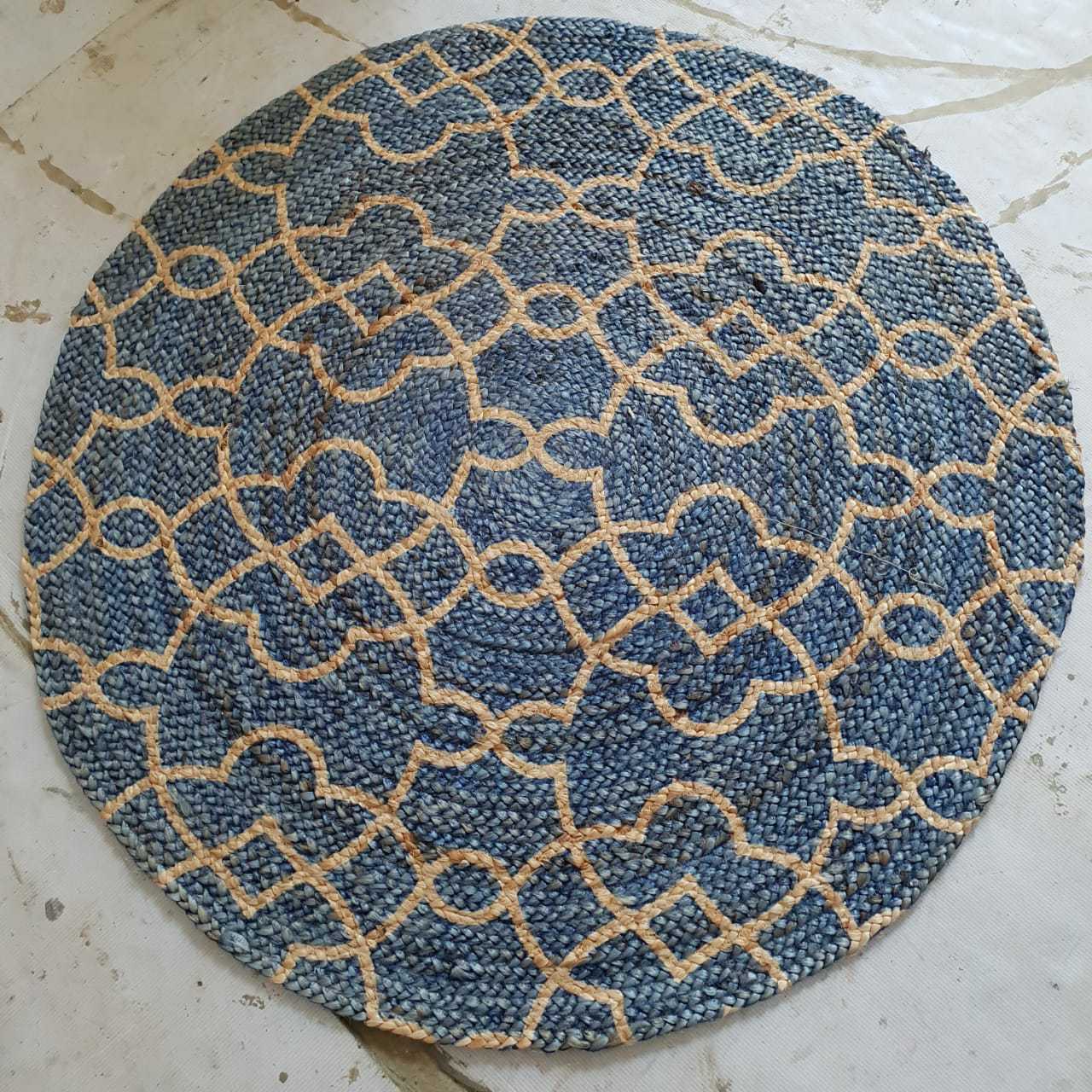 Designer Braided Jute Rugs - 100% Jute, Handmade, Floral Printed, Beige & Blue | Hand Washable, Eco-friendly, Versatile For Indoor And Outdoor Use