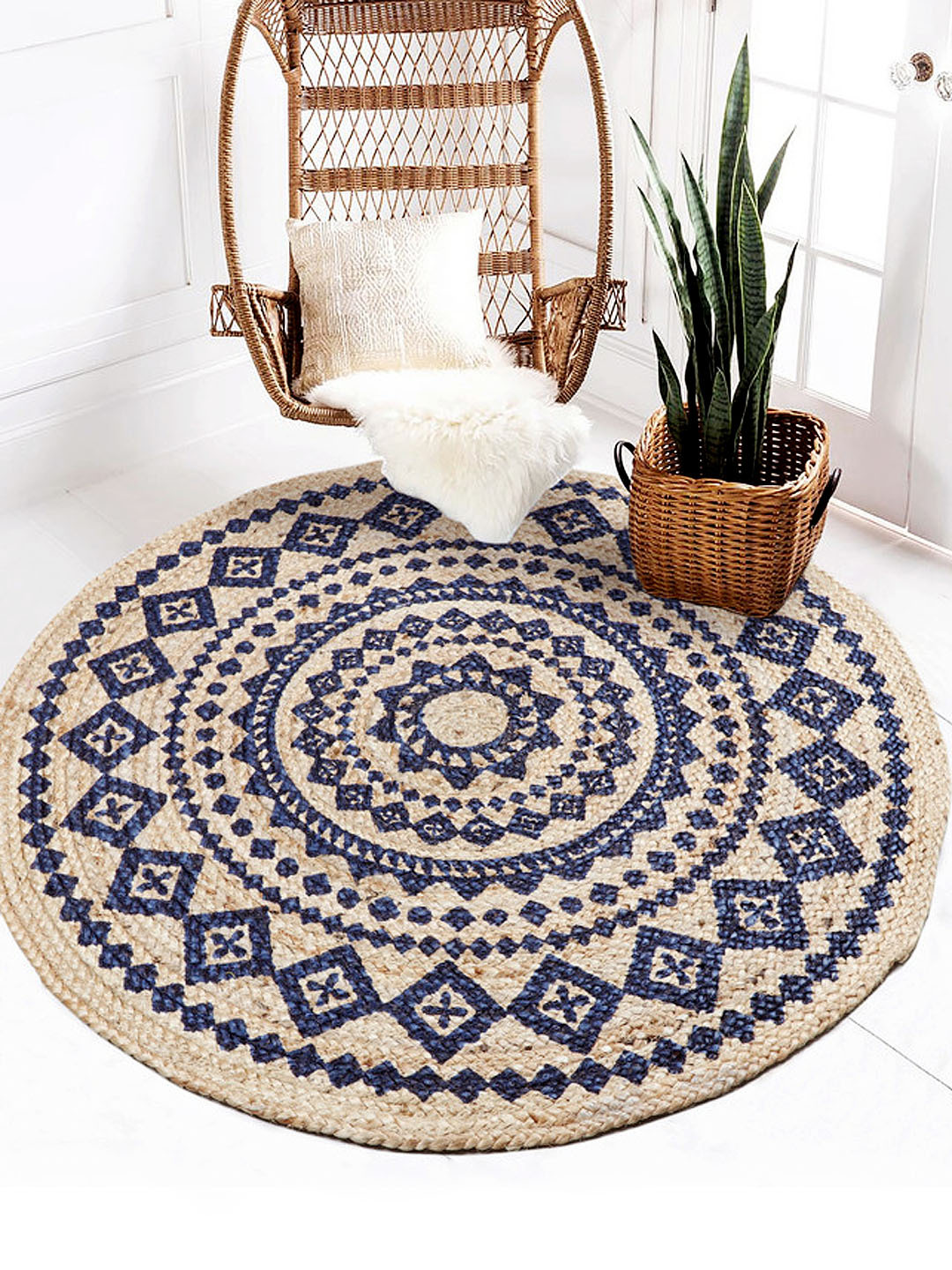 Designer Braided Jute Rugs - 100% Jute, Handmade, Floral Printed, Beige & Blue | Hand Washable, Eco-friendly, Versatile For Indoor And Outdoor Use