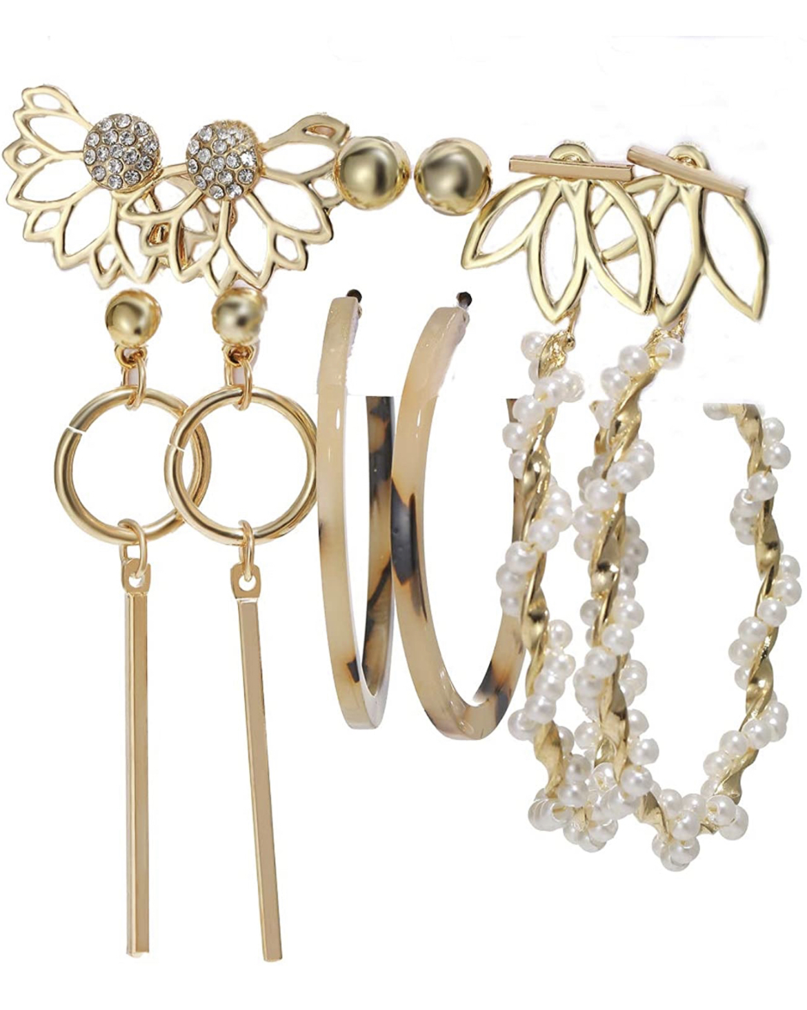 6 Pair Pearl Marble Big Hoop Earring And Flower Stud Earrings Size: Freesize