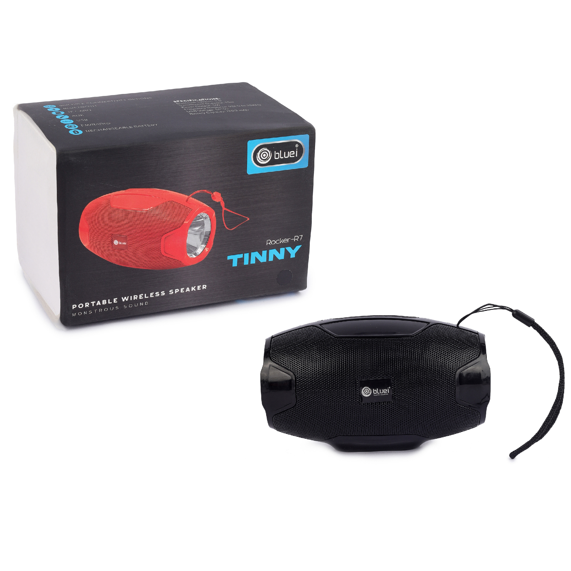 Bluei Rocker R7 Tinny 5w Power Output Multi Connectivity Heavy Bass Portable Bluetooth Speaker With Torch And Tws Function