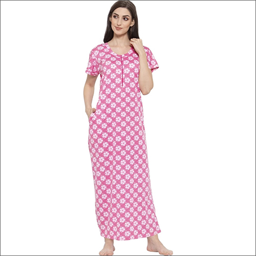 Ladies Cotton Hosiery Nighty - Cotton, Customized Size, Pink with White Floral Print | Smooth & Skin-Friendly, Loose Fitting, Short Sleeve, Long Length, U-Shape Neck