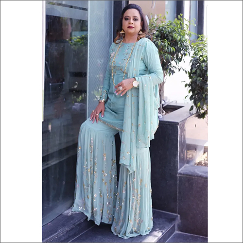 Ladies Sharara Suit - Georgette & Chiffon, Customized Size, Light Blue | Anti-Wrinkle, Breathable, Embroidered, Full Sleeves, Stylish for Wedding Season