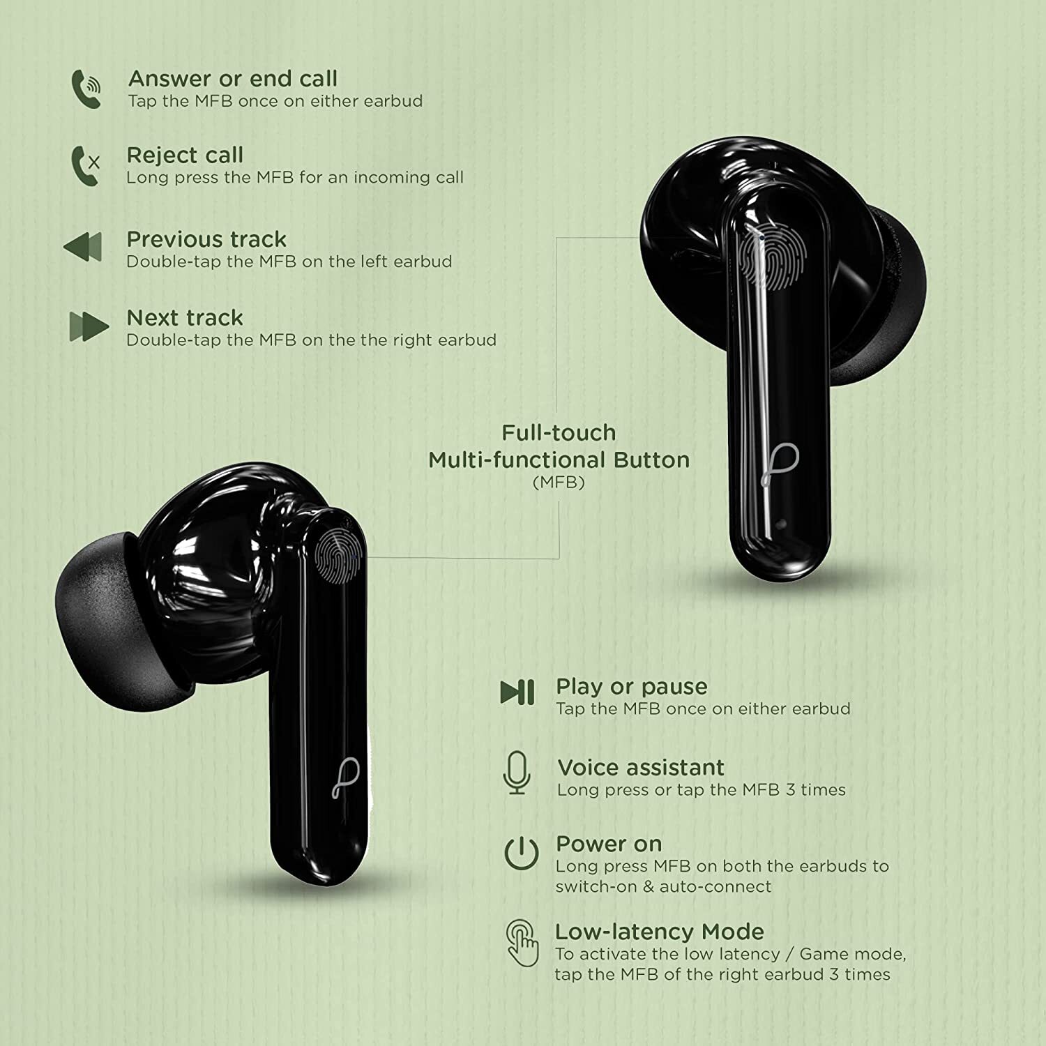 Pebble Buds Pro - 10mm Dual Audio Drivers, Black | Noise Cancellation, Smart Pause, Ultra-low Latency, Touch Control
