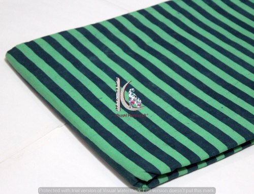 क्विक ड्राई ग्रीन और ब्लू हैंड ब्लॉक प्रिंट स्ट्रिप कॉटन फैब्रिक