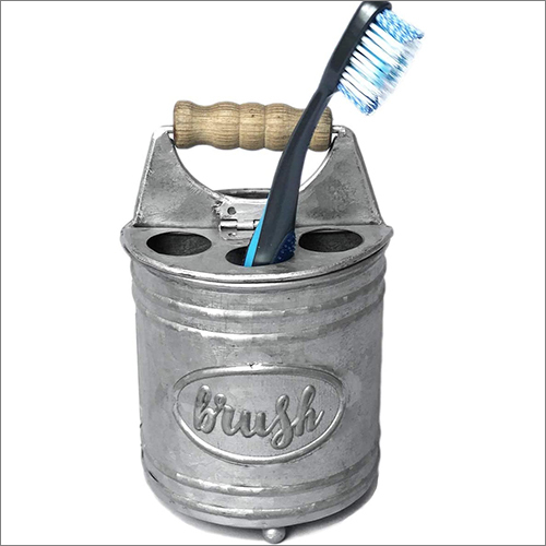 Galvanized Toothbrush Holder With Wooden Handle