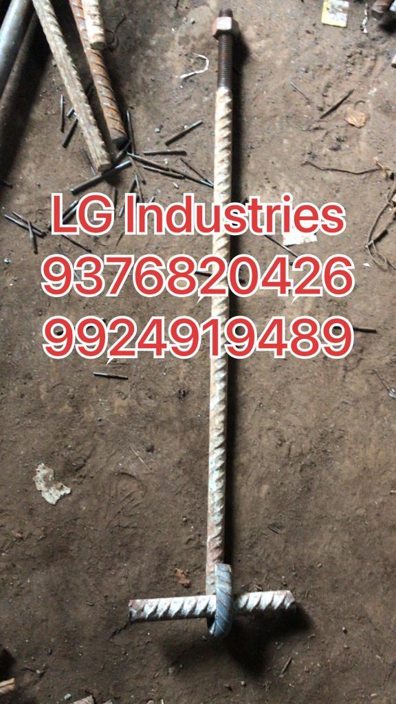 Foundation Bolts - 40mm Diameter, 3 Feet Length, Black | Ms Material, Round Head Type, Bright Surface Treatment, Grade 225, Includes Two Nuts And Washers