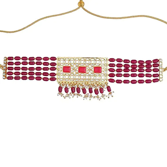 Moti Choker Set - Brass With Adjustable Thread, Pink Color Beads, Kundan & American Diamond Stones | Delicate Multi-strand Design, Includes Earrings, Ideal For Weddings And Parties