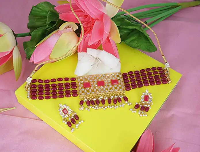 Moti Choker Set - Brass With Adjustable Thread, Pink Color Beads, Kundan & American Diamond Stones | Delicate Multi-strand Design, Includes Earrings, Ideal For Weddings And Parties