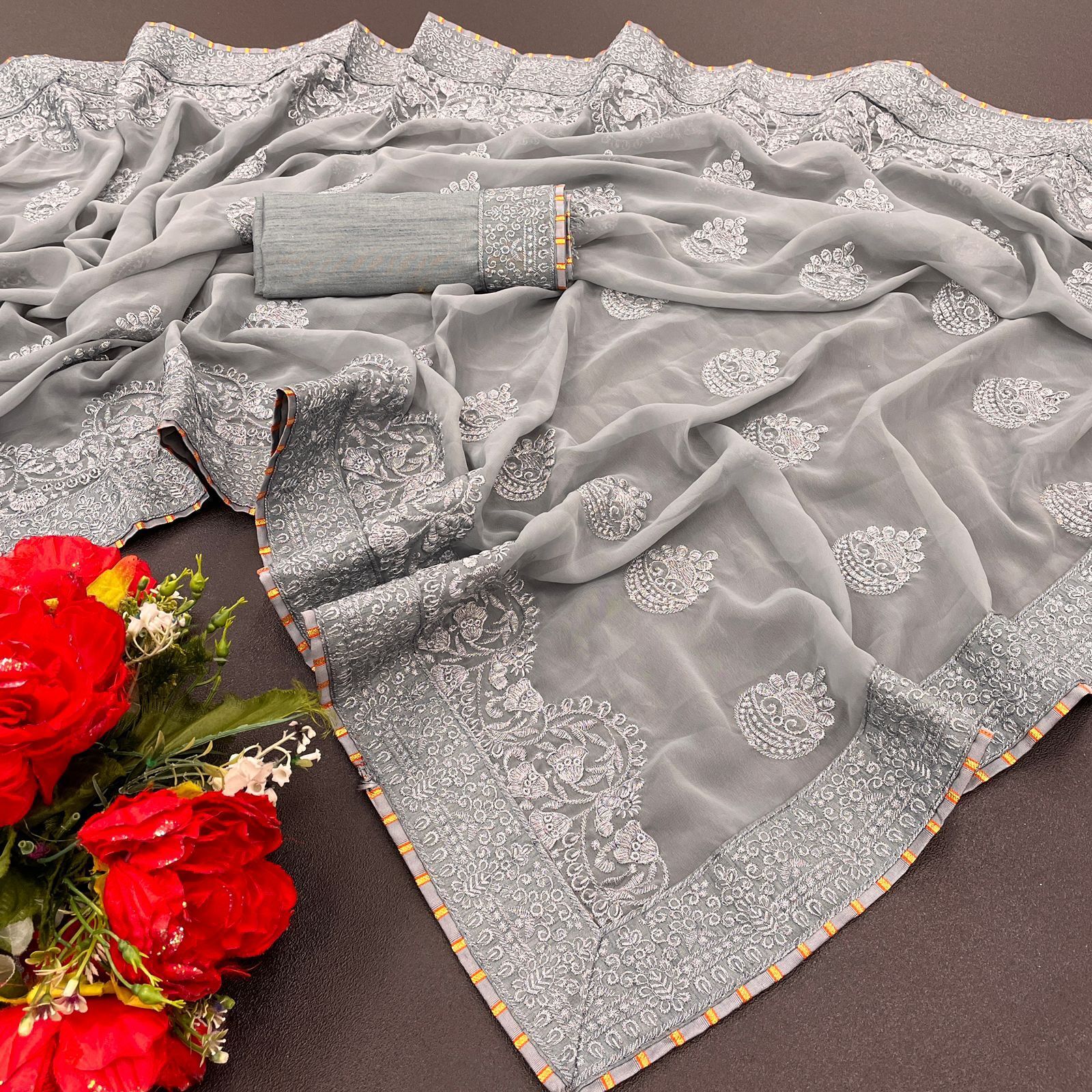 Georgette Saree - 5.5 Mtr Length With Satin Banglori Blouse 0.80 Mtr Embroidered Work Breathable & Washable