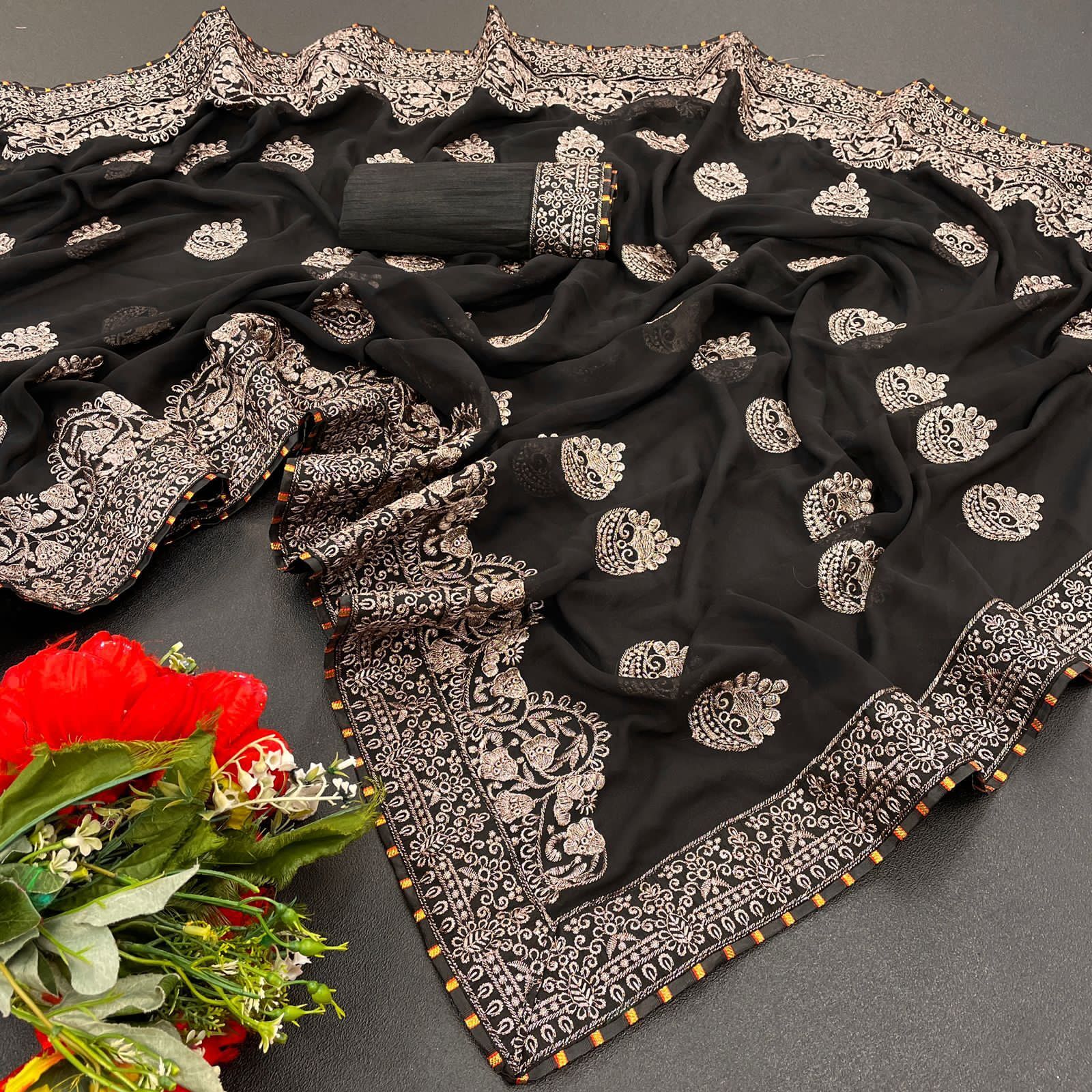 Georgette Saree - 5.5 Mtr Length With Satin Banglori Blouse 0.80 Mtr Embroidered Work Breathable & Washable