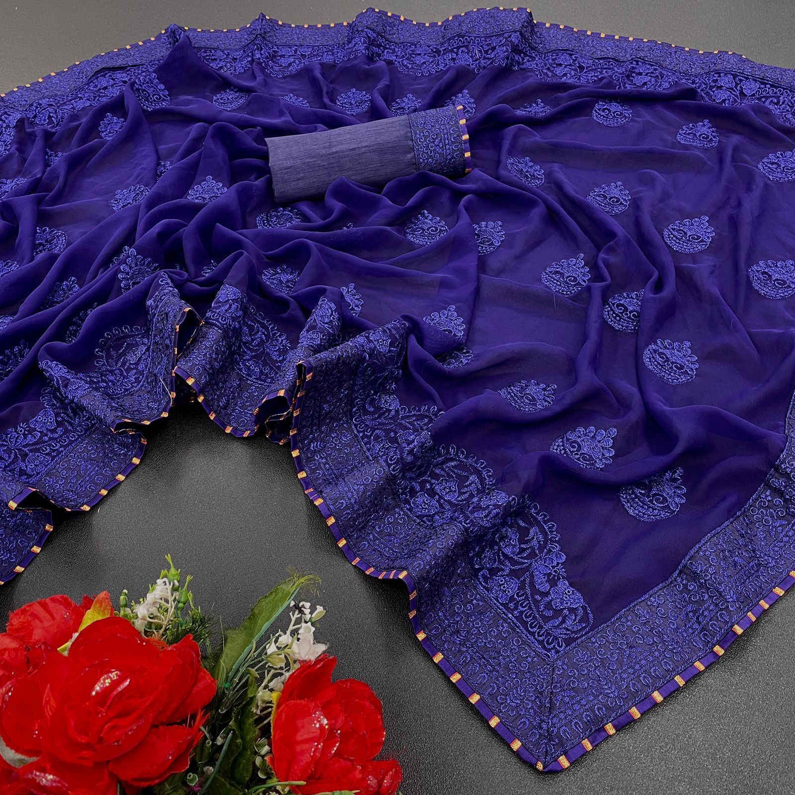 Georgette Saree - 5.5 Mtr Length With Satin Banglori Blouse 0.80 Mtr Embroidered Work Breathable & Washable