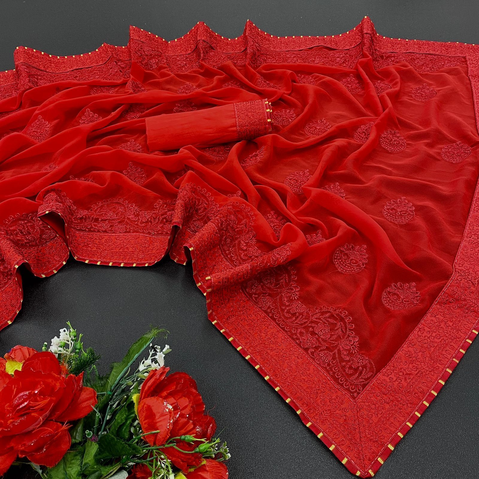Georgette Saree - 5.5 Mtr Length With Satin Banglori Blouse 0.80 Mtr Embroidered Work Breathable & Washable