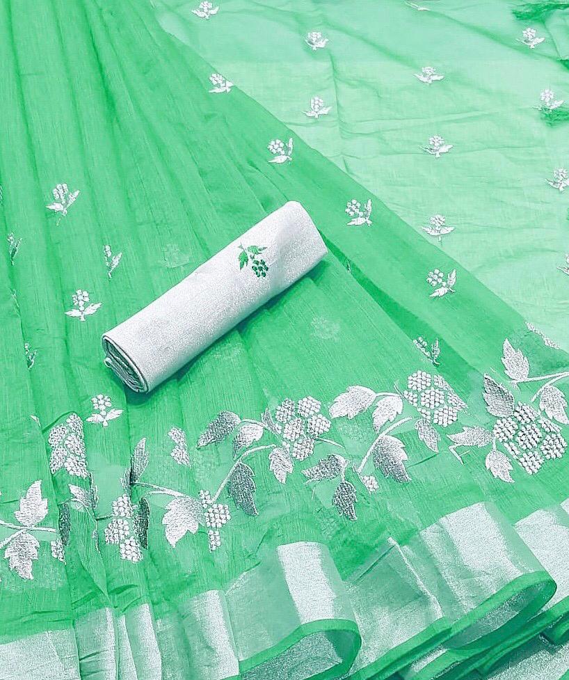 Chenderi Linen Saree - Soft Fabric With Jari Embroidery & Weaving Border | Traditional Paisley Motif, Unstitched Blouse, Perfect For Parties And Festivals