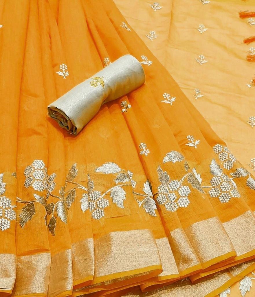 Chenderi Linen Saree - Soft Fabric With Jari Embroidery & Weaving Border | Traditional Paisley Motif, Unstitched Blouse, Perfect For Parties And Festivals
