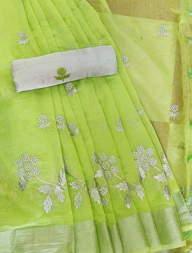 Chenderi Linen Saree - Soft Fabric With Jari Embroidery & Weaving Border | Traditional Paisley Motif, Unstitched Blouse, Perfect For Parties And Festivals