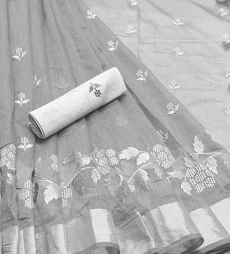 Chenderi Linen Saree - Soft Fabric With Jari Embroidery & Weaving Border | Traditional Paisley Motif, Unstitched Blouse, Perfect For Parties And Festivals