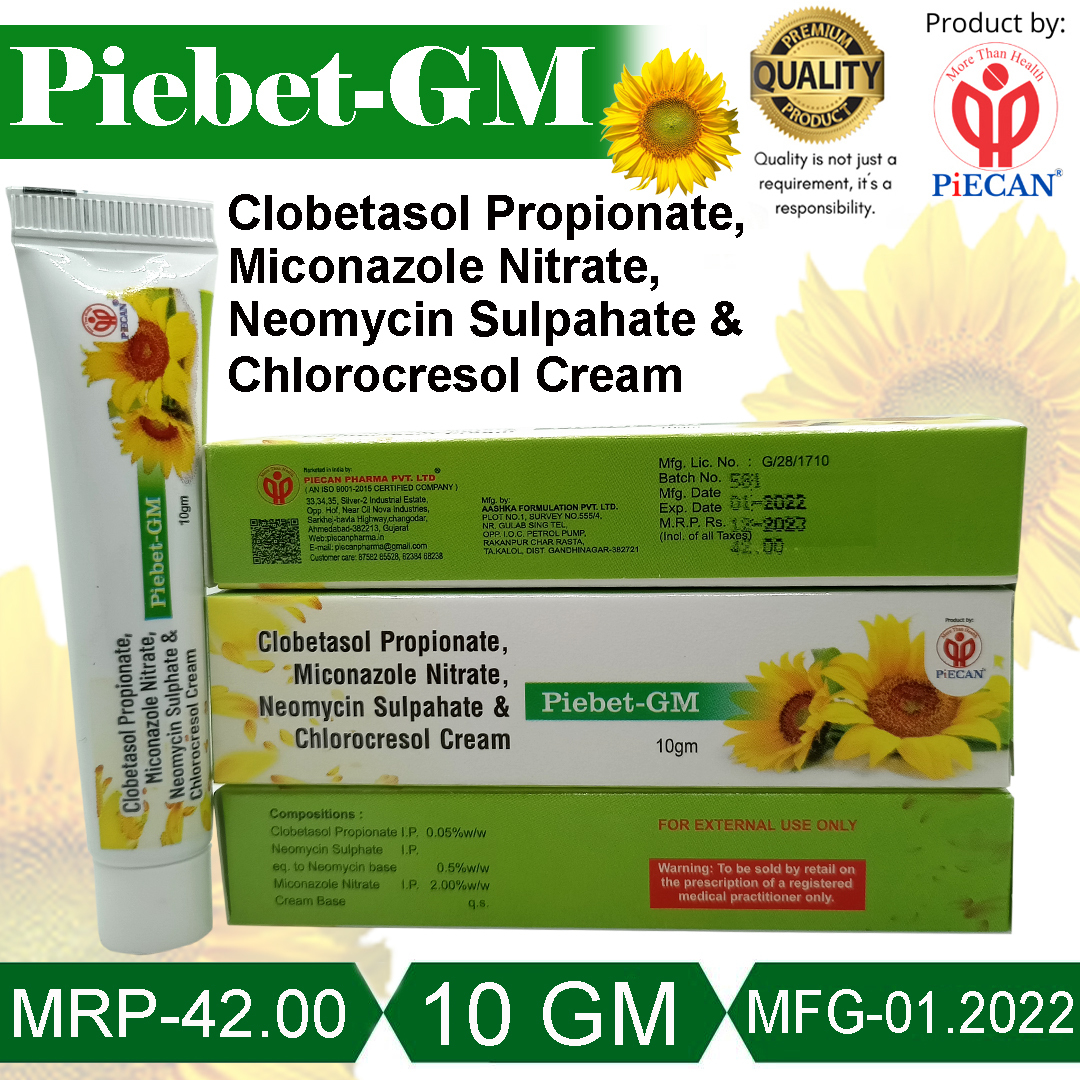 Pibet-gm Ointment - Clobetasol Propionate 0.05%w/w, Miconazole Nitrate 2%w/w, Neomycin Sulphate 0.5%w/w, Chlorocresol 0.1%w/w | Skin Care, Antifungal Properties, Available In 10gm And 30gm Sizes