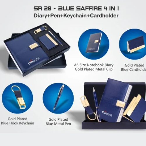 4 In 1 Diary Combo Gift Set - Leather and Stainless Steel, A5 Size Magnetic Lock Notebook, Blue Gold Color, Business Gift Set