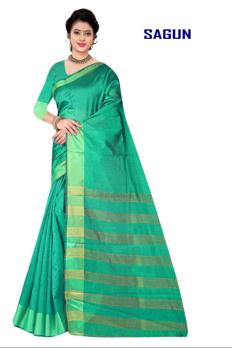 Shagun Premium Cotton Saree With Blouse And Lace Border Kathpadra - Color: Multicolor
