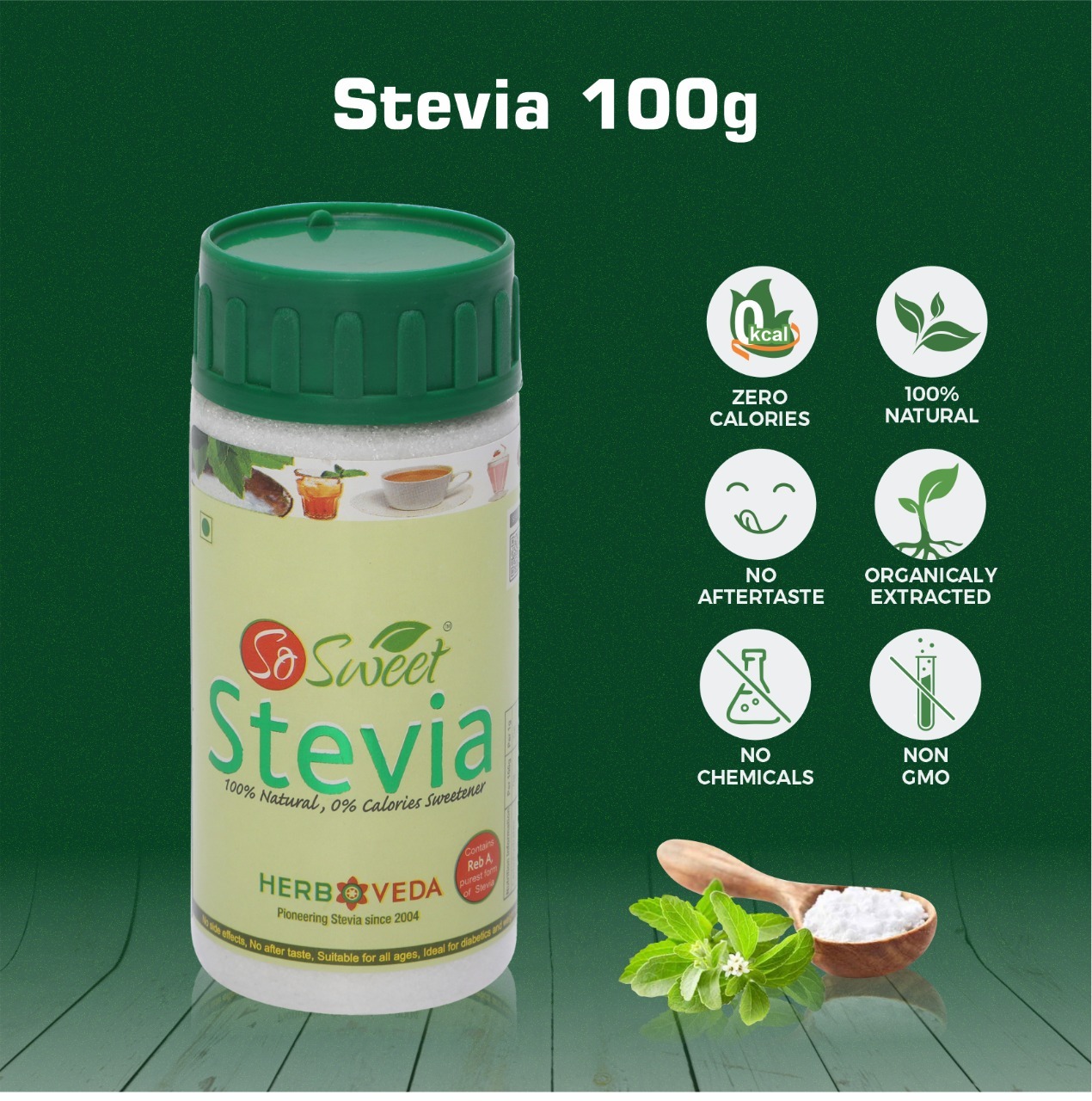 So Sweet Stevia 100 Gm Spoonable Bottle - 100% Natural Zero-calorie Sweetener Powder | Pure Rebaudiana Extract, Smooth Taste, Instant Dissolving