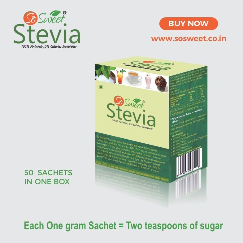 So Sweet Stevia 50 Sachets In A Box - 100% Pure Reba Powder, White, Low-calorie Sweetener, Shelf Life: 2 Years, 55 Grams Total Weight | Ideal For Cooking, Baking, Beverages