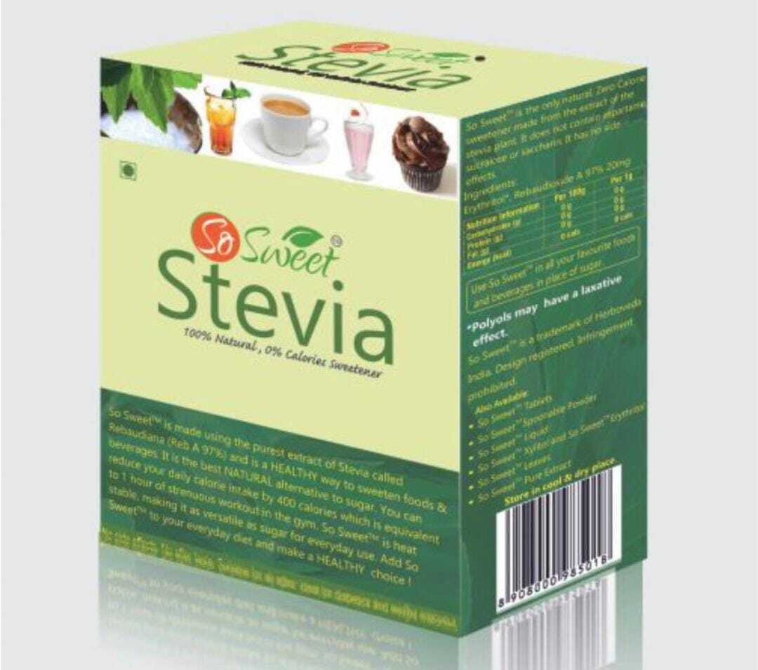 So Sweet Stevia 50 Sachets In A Box - 100% Pure Reba Powder, White, Low-calorie Sweetener, Shelf Life: 2 Years, 55 Grams Total Weight | Ideal For Cooking, Baking, Beverages