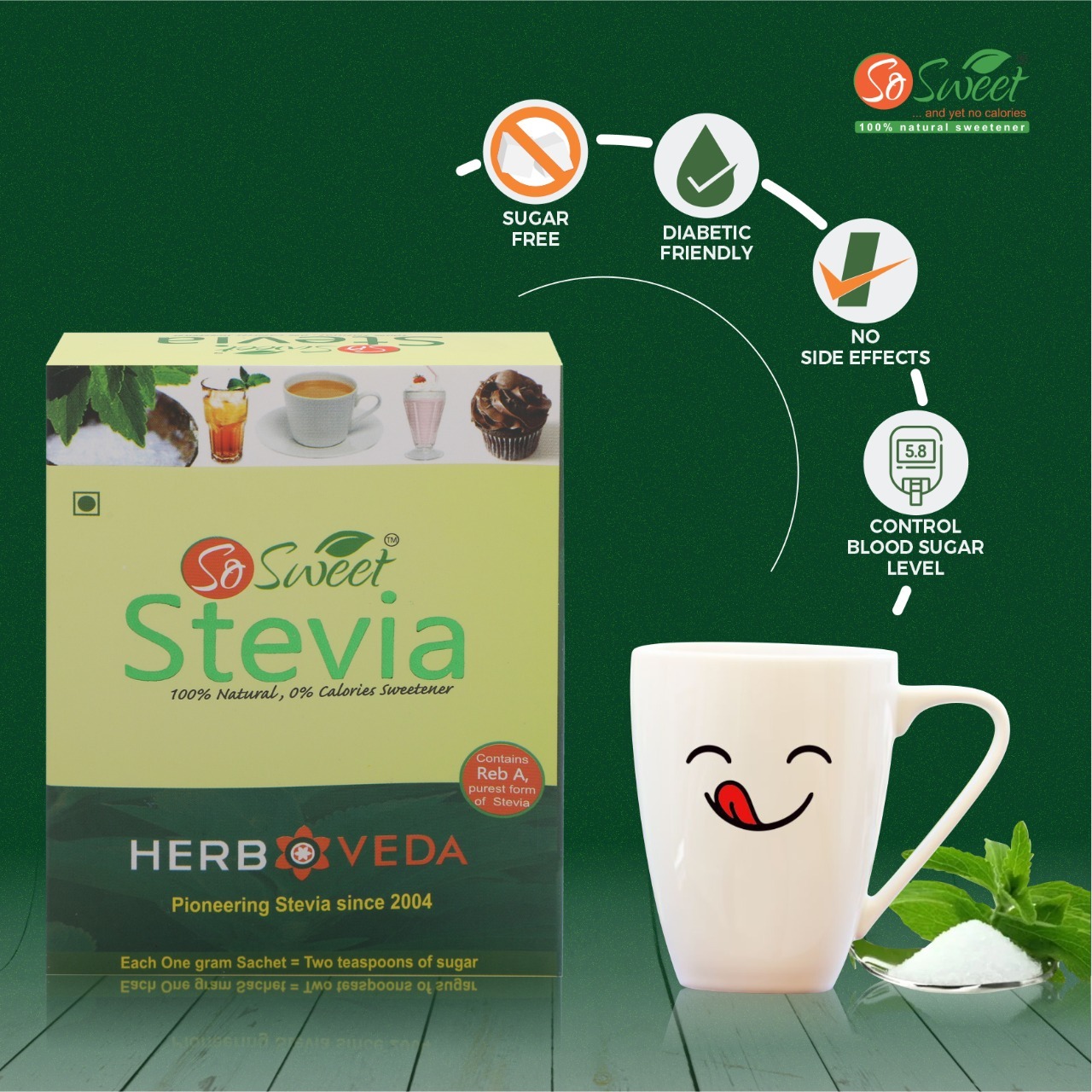 So Sweet Stevia 50 Sachets In A Box - 100% Pure Reba Powder, White, Low-calorie Sweetener, Shelf Life: 2 Years, 55 Grams Total Weight | Ideal For Cooking, Baking, Beverages