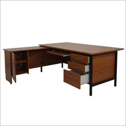 Brown L-Shaped Wooden Office Table