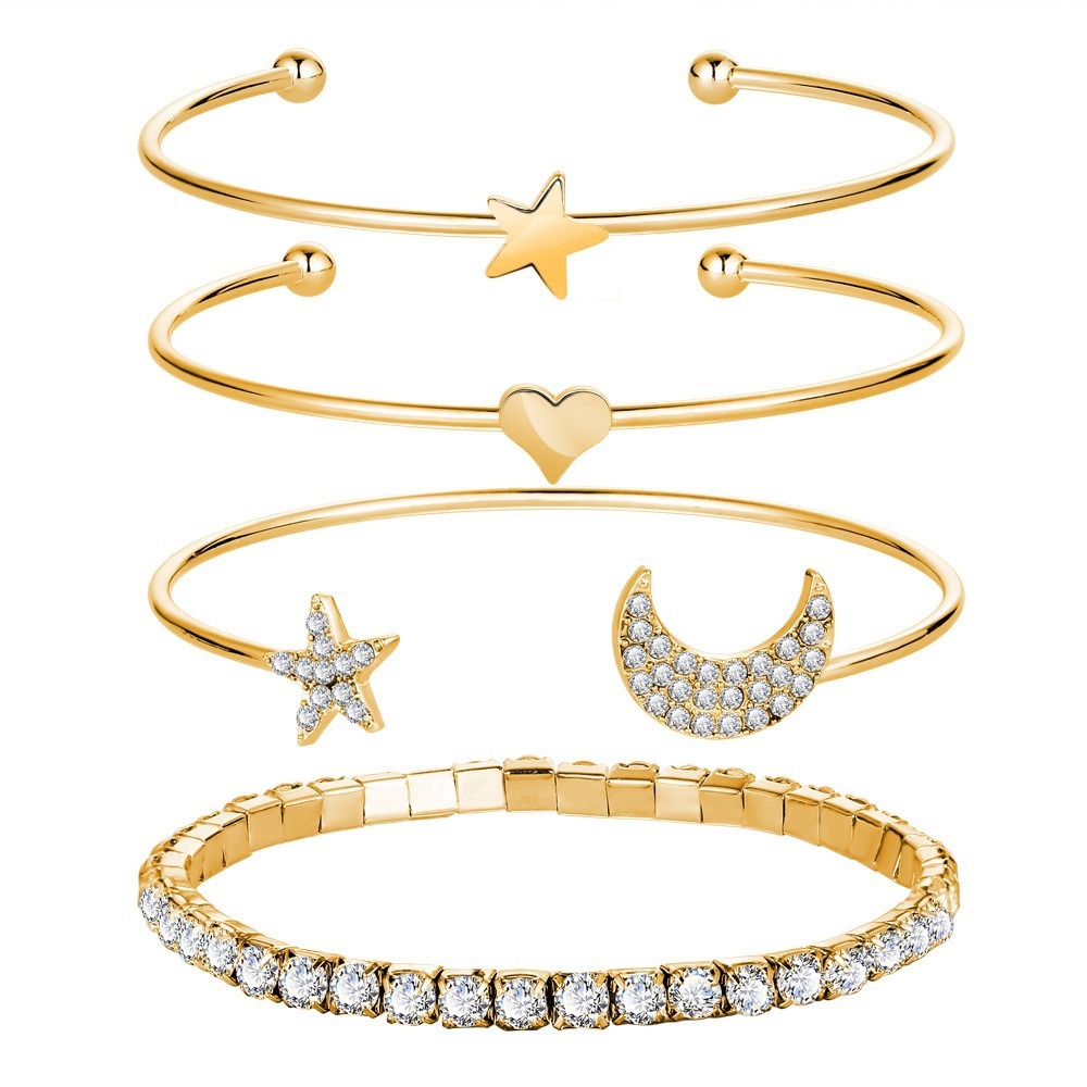 Stylish Studded Moon Star Heart Combo Of 4 Bracelet - Alloy, 6cm Diameter | Contemporary Design For Gifts, Parties, Anniversaries, And Weddings