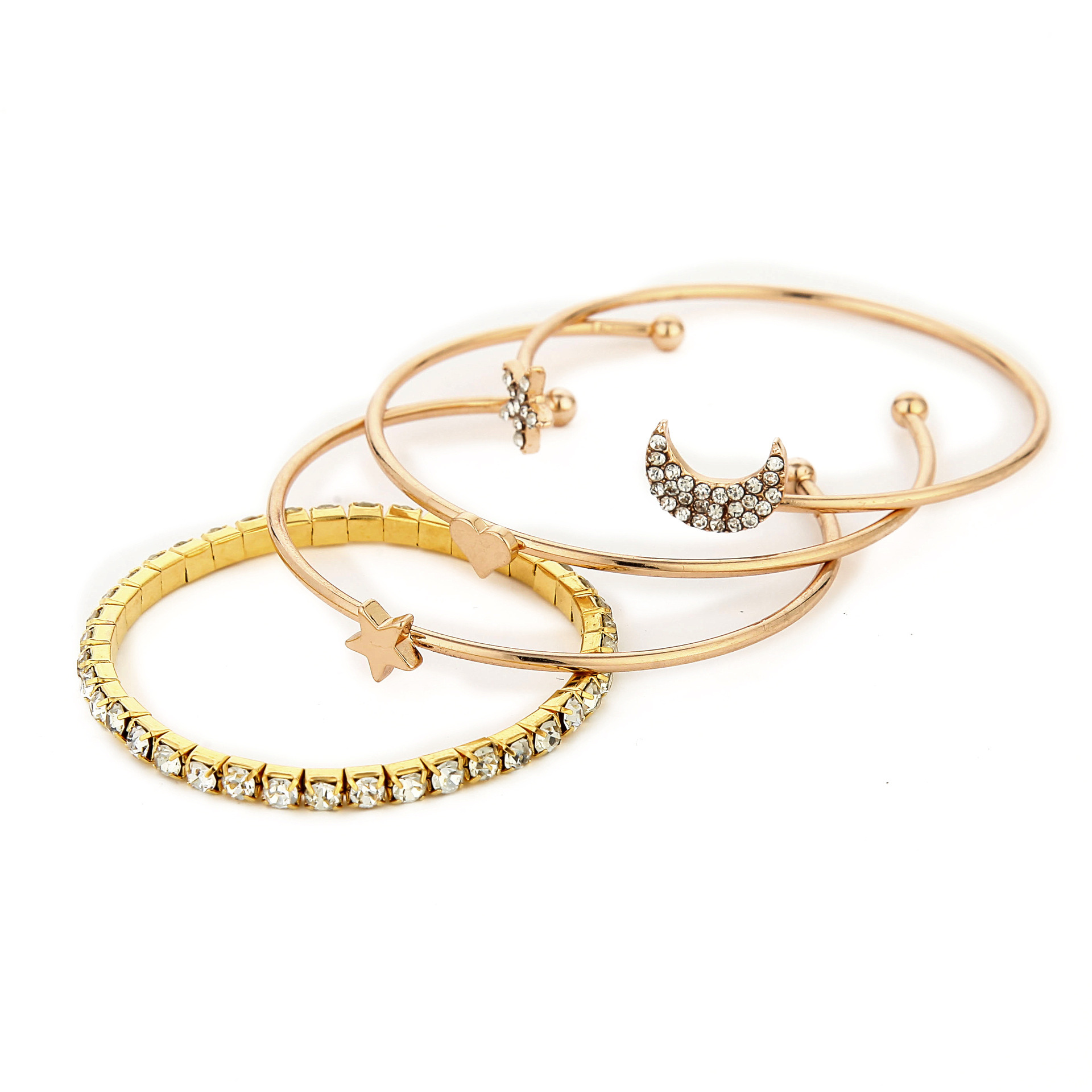 Stylish Studded Moon Star Heart Combo Of 4 Bracelet - Alloy, 6cm Diameter | Contemporary Design For Gifts, Parties, Anniversaries, And Weddings