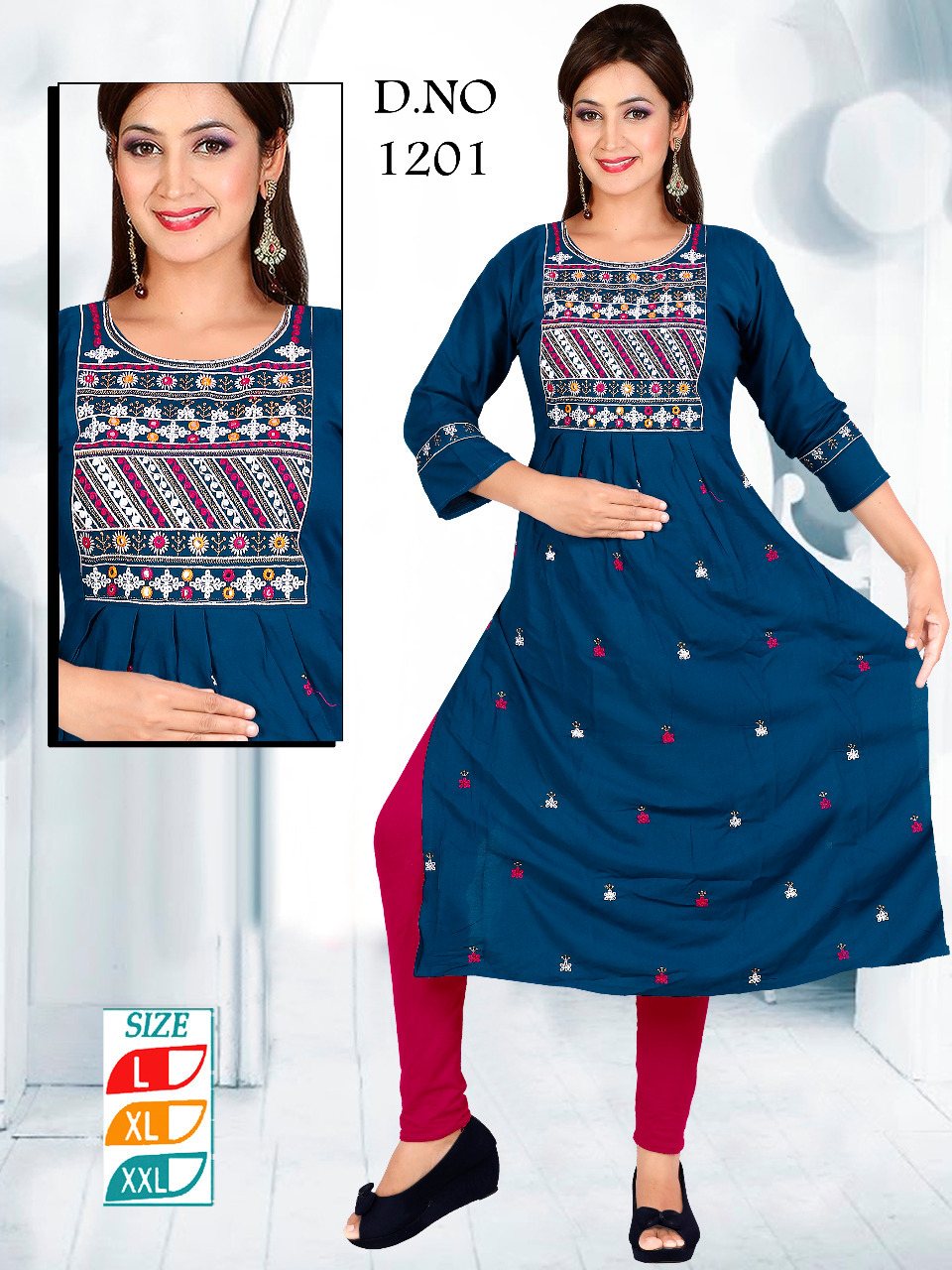 Nyra Cut Kurtis - Embroidered 3-4th Sleeve Casual Wear, Customizable Sizes For Ladies