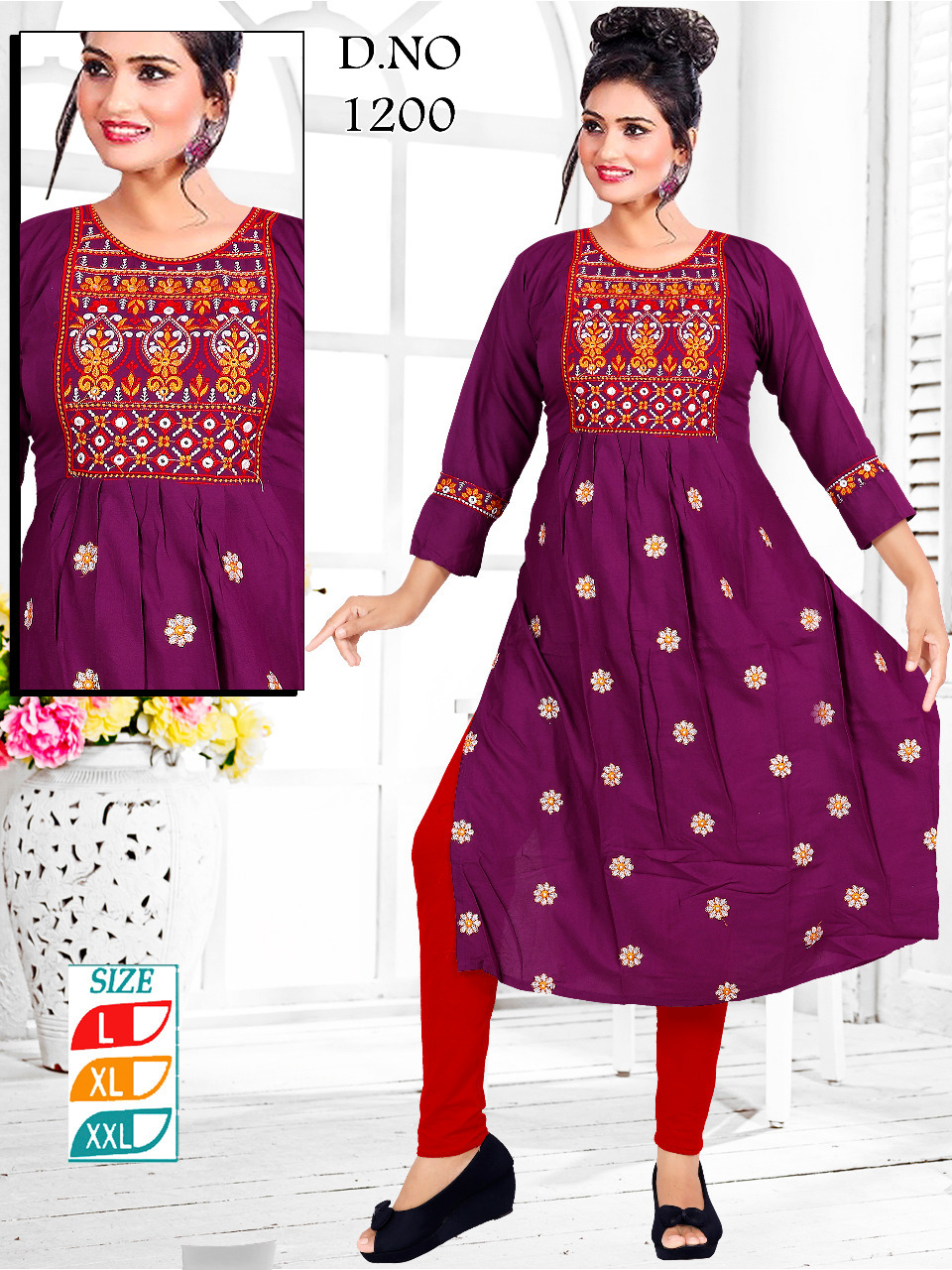 Nyra Cut Kurtis - Embroidered 3-4th Sleeve Casual Wear, Customizable Sizes For Ladies
