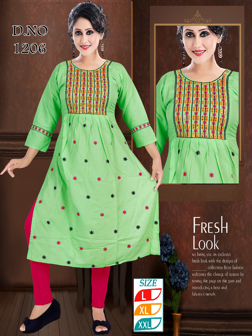 Nyra Cut Kurtis - Embroidered 3-4th Sleeve Casual Wear, Customizable Sizes For Ladies