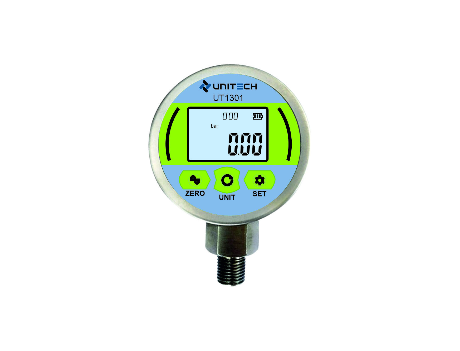 Digital Pressure Gauge - Stainless Steel, 2.5 Inch Dial Size, Silver Color | 1000 Hrs Battery Life, Bsp Connection, -1 To 1000 Bar Pressure Range