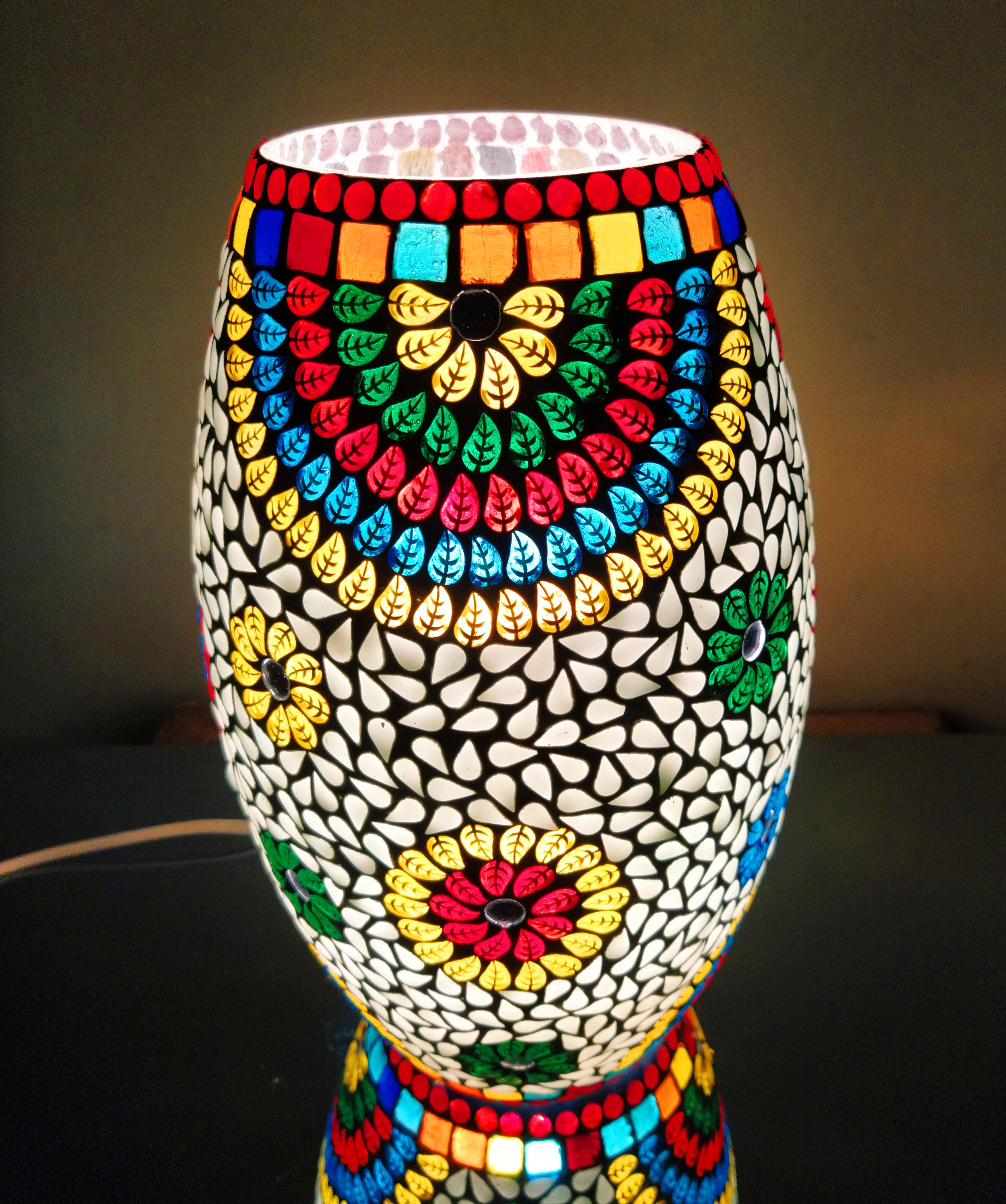 Decorative Glass Mosaic Table Lamp - Glass, 20 Inches Height, Multicolor | Traditional Dholak Shape, Energy Saving, Easy To Clean