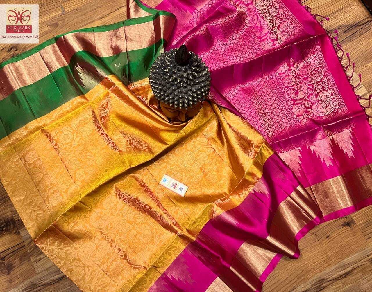 Yellow With Pink Pure Handloom And Kanchipuram Silk Saree