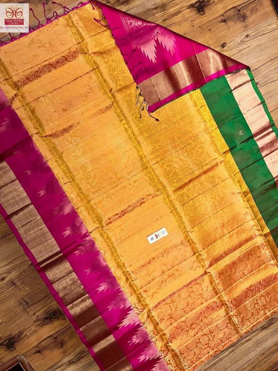 Yellow With Pink Pure Handloom And Kanchipuram Silk Saree