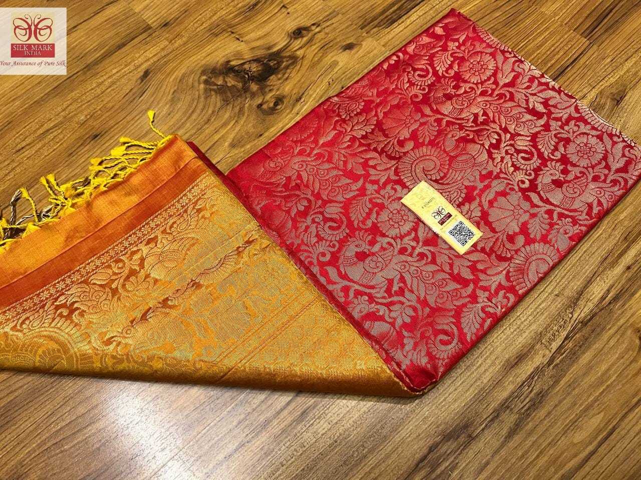 Kanchipuram Border Silk Saree - Handwoven Pure Kanjivaram Silk, Contrast Rich Pallu & Blouse, Stunning Bridal Wear With Gold Jarie Weaving