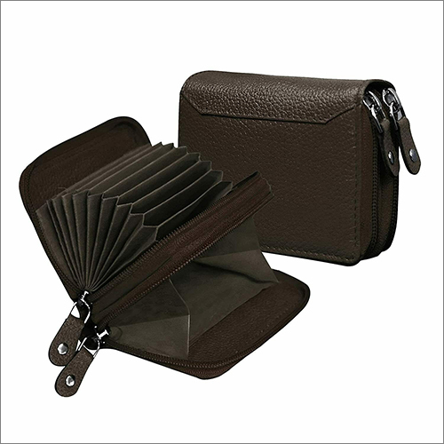 Coffee Brown Genuine Leather Double Zipper Card