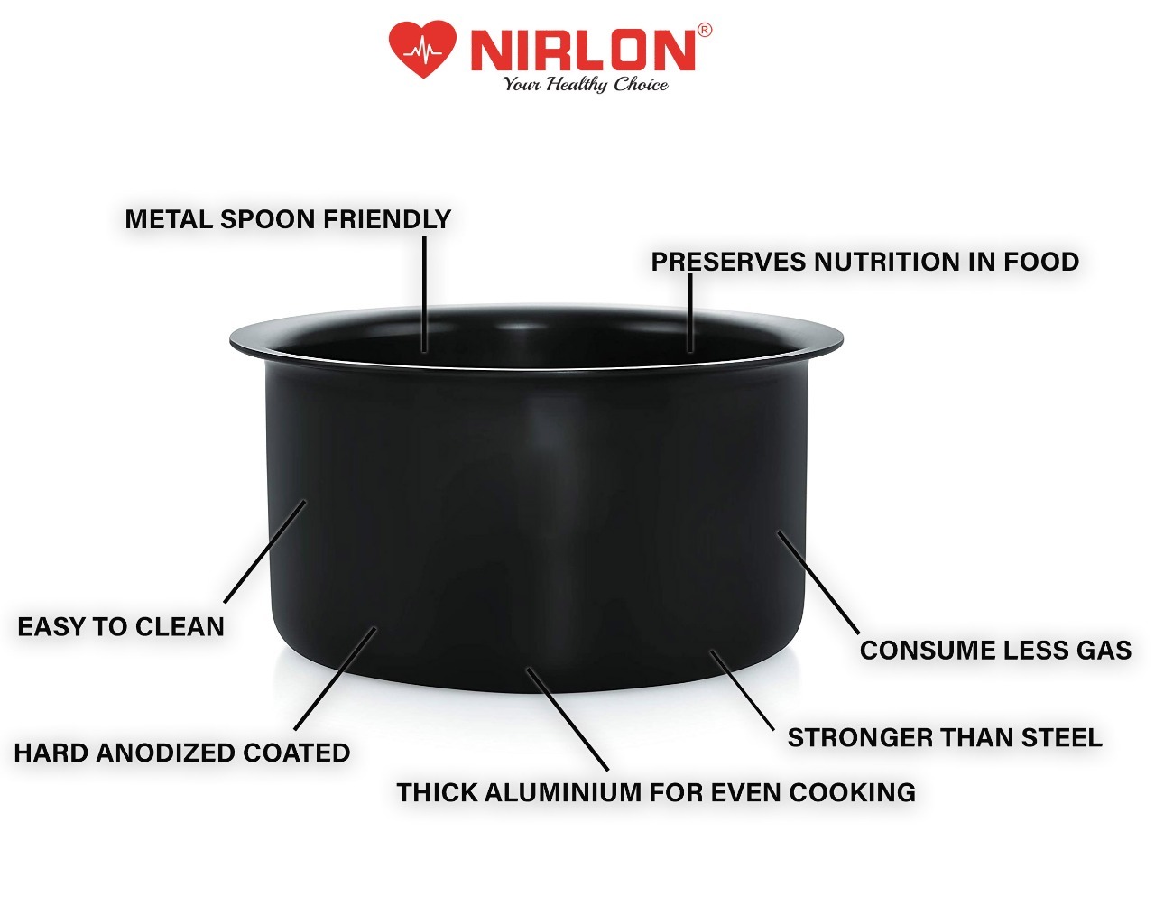 Nirlon Hard Anodised Tope/cook Pot 17 Cms - Aluminium, 1.8 Liters Capacity, Black Color, 3mm Thickness, 900g Weight, 1 Year Warranty