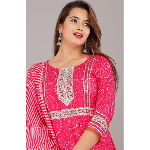 Breathable Bandhej Gown Suit With Dupatta Pink