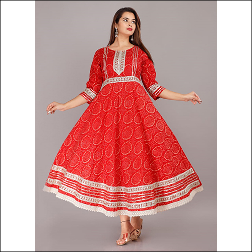 Bandhej Gown Suit With Dupatta - Cotton