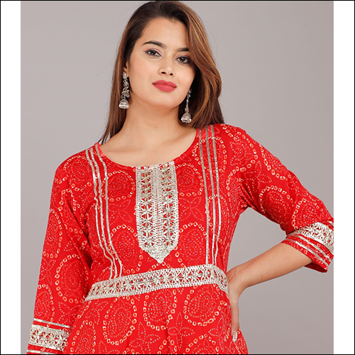 Bandhej Gown Suit With Dupatta - Cotton
